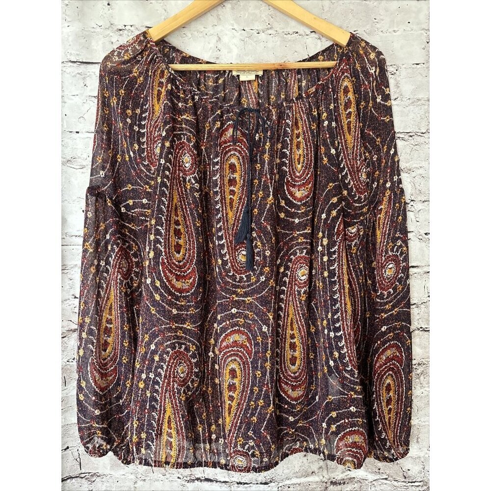 Lucky Brand Womens L Blouse Paisley Semi Sheer Peasant Blouse‎  Fall Boho
